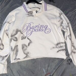 Cropped White and Gray Graphic Polo Shirt